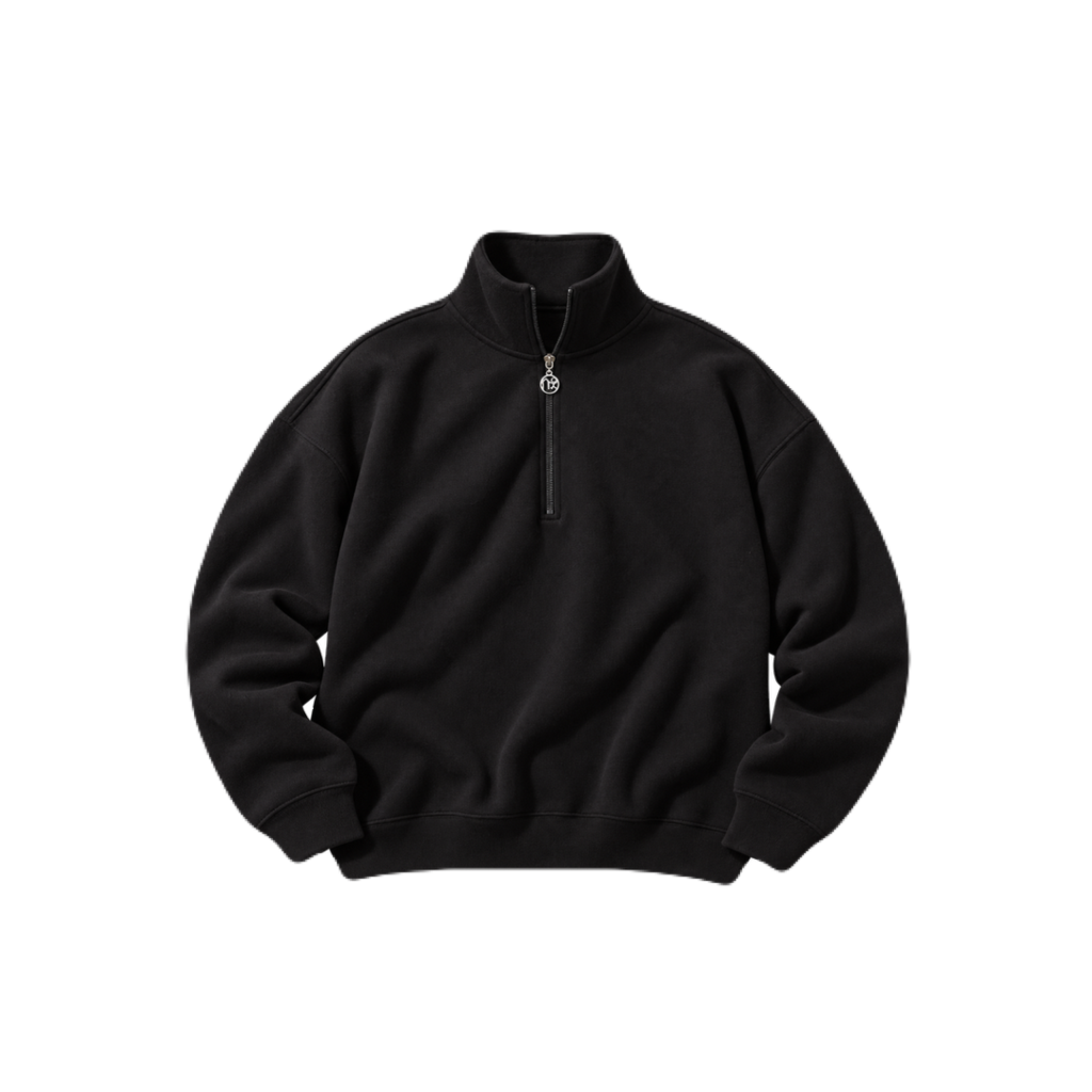 A black long-sleeve quarter-zip sweatshirt with a mock neck collar, shown flat against a solid white background.