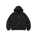 A black half-zip pullover hoodie with a horizontal seam across the chest, elasticized cuffs and hem, and a small metallic emblem on the zipper pull, shown against a plain white background.