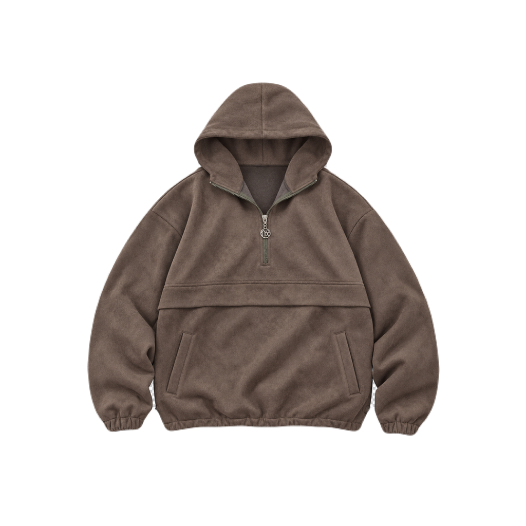 An olive half-zip pullover hoodie with a horizontal seam across the chest, elasticized cuffs and hem, and a small metallic emblem on the zipper pull, shown against a plain white background.