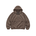An olive half-zip pullover hoodie with a horizontal seam across the chest, elasticized cuffs and hem, and a small metallic emblem on the zipper pull, shown against a plain white background.